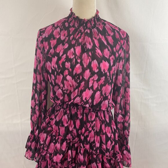 Misa Dress M Black Pink Print Gathered Neck Sleeves Waist Ruffle Long Semi-Sheer - Picture 3 of 13